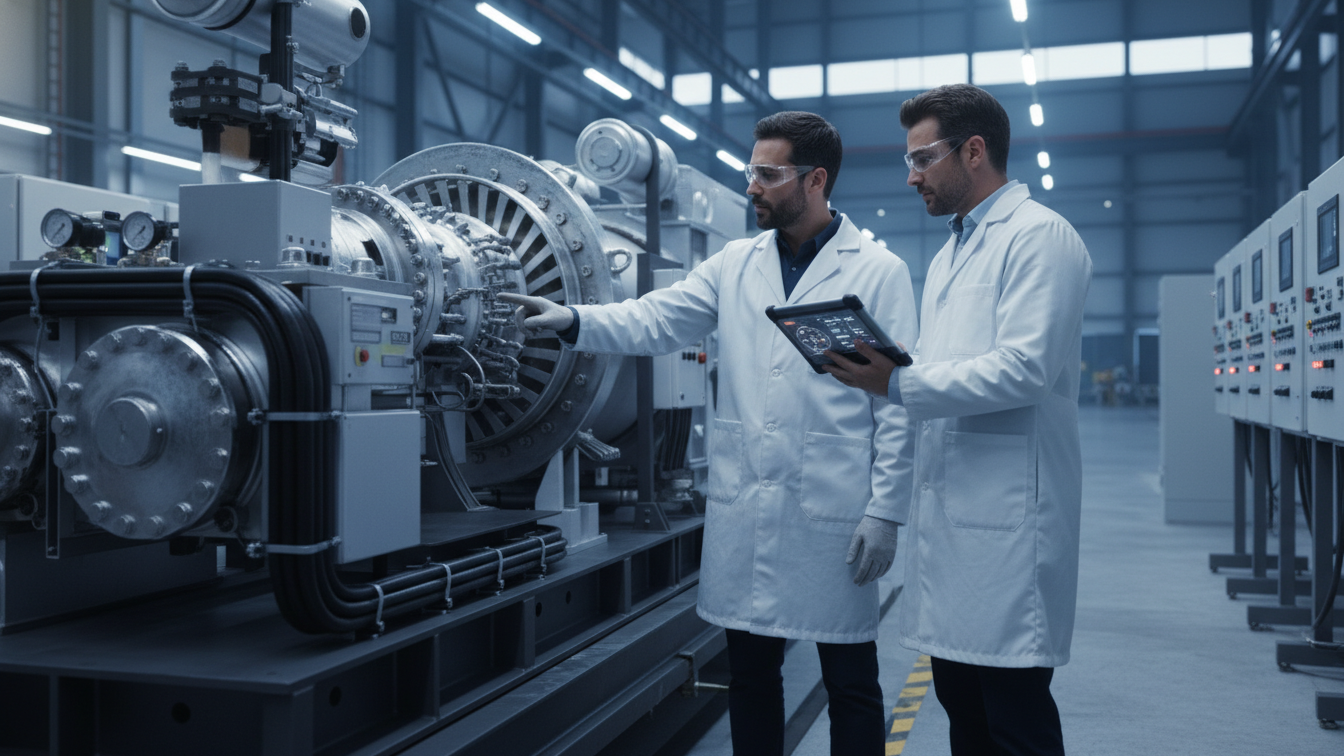 Two engineers monitoring PTE Power systems using IoT and AI dashboards