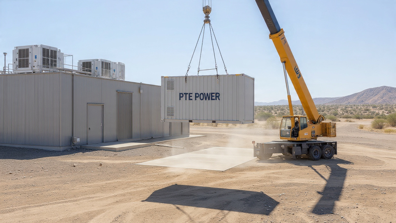 Industrial crane deploying a PTE Power container module on site